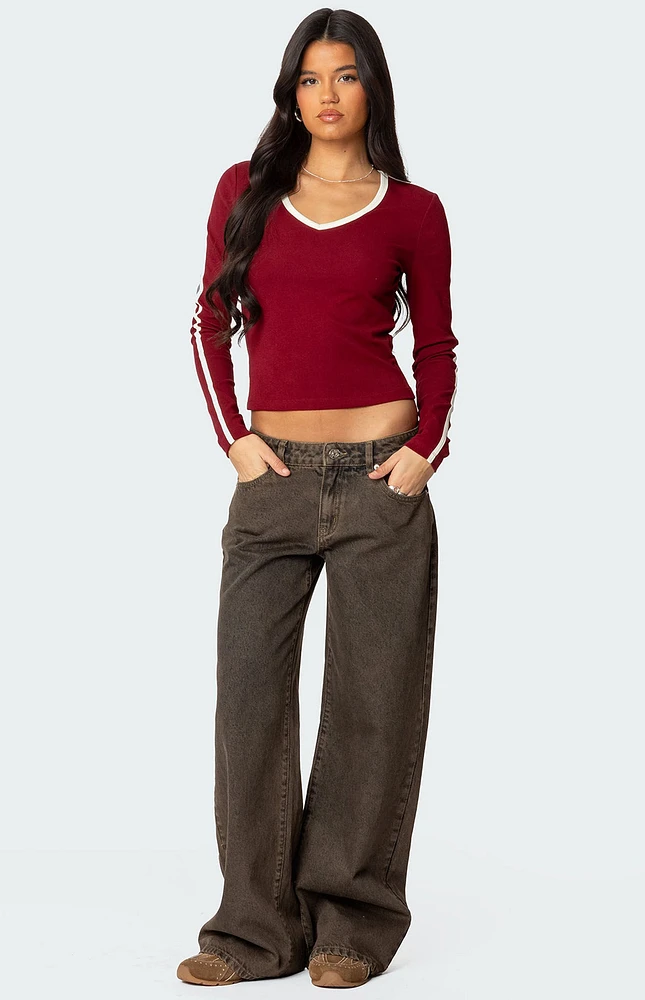 Edikted Contrast V Neck Long Sleeve T-Shirt