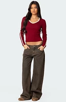 Edikted Contrast V Neck Long Sleeve T-Shirt