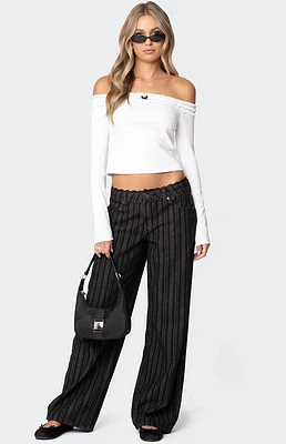 Edikted Lace Trim Striped Low Rise Jeans