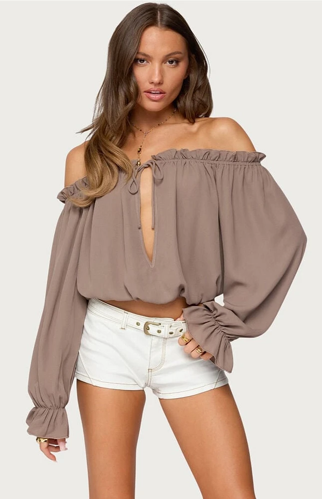 Edikted Juna Off Shoulder Ruffle Chiffon Top