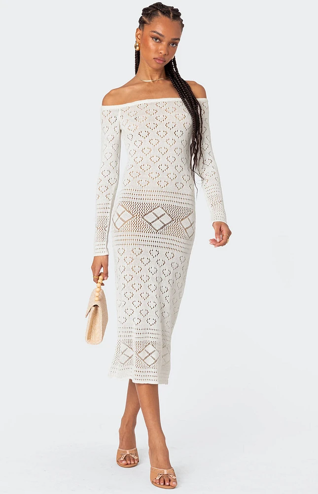 Edikted Lily Crochet Off Shoulder Midi Dress