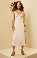 Beverly & Beck Satin Lace Trim V-Neck Midi Dress