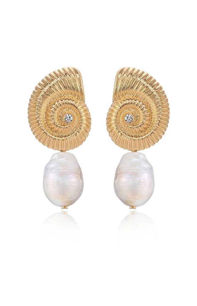 Ettika Nautilus Shell Freshwater Pearl Dangle Earrings