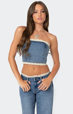 Edikted Karlie Lace Trim Denim Tube Top