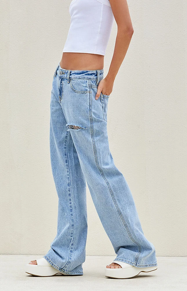 PacSun Light Indigo Rhinestone Embellishment Low Rise Baggy Jeans