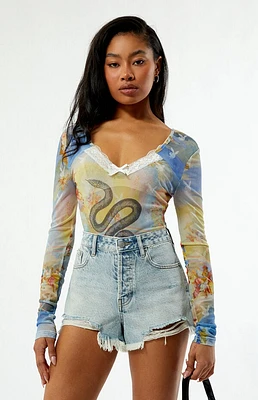 Playboy By PacSun Snake Mesh Long Sleeve Bodysuit