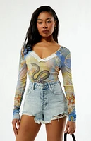Playboy By PacSun Snake Mesh Long Sleeve Bodysuit