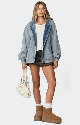 Edikted Hooded Vintage Washed Denim Bomber Jacket