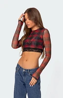 Edikted Noel Plaid Printed Mesh Crop Top