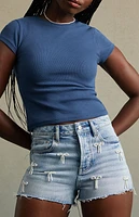 RARE DNM EDIT Light Indigo Pearl Bow High Waisted Denim Festival Shorts