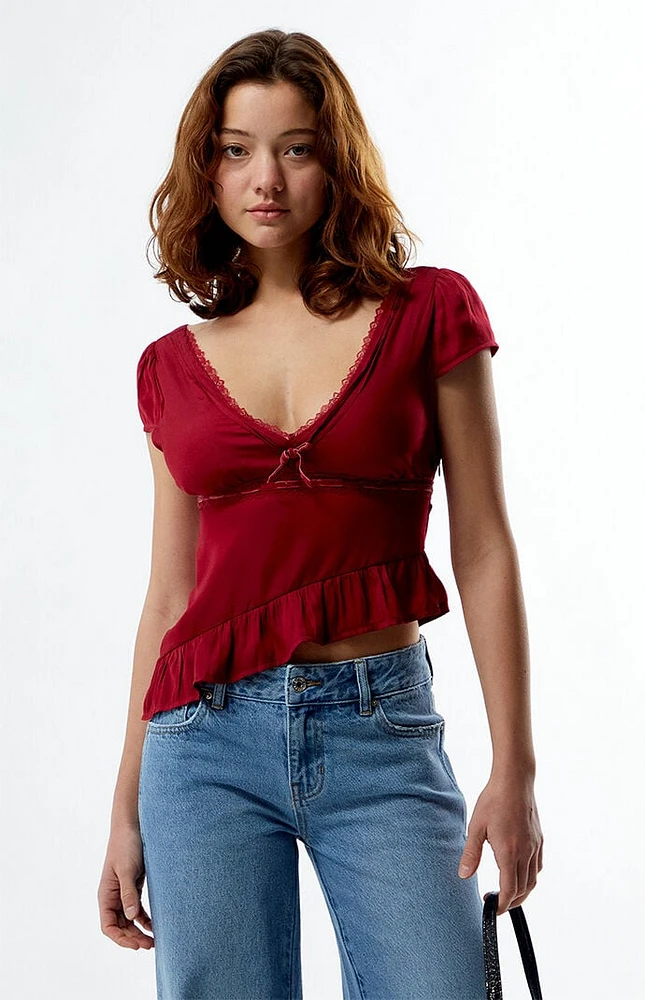 LA Hearts Lace Trim Asymmetrical Top