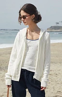 John Galt White Cable Knit Zip Up Hooded Sweater