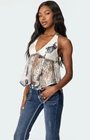 Edikted Asymmetric Printed Lace Halter Top