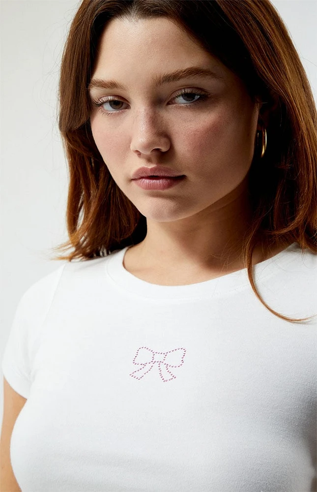 PS / LA Bow Ribbon Rhinestone Cropped T-Shirt