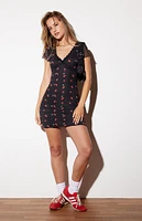 LA Hearts Short Sleeve Lace Trim Mesh Mini Dress