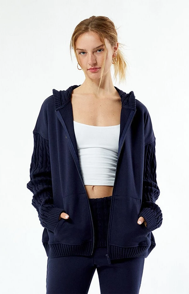 WEWOREWHAT Cable Knit Sleeve Zip Up Hoodie