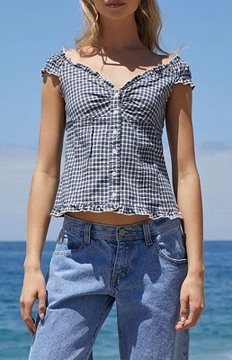 John Galt White & Blue Plaid Elena Top