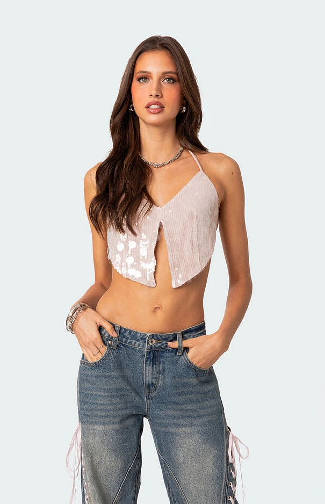 Edikted Confetti Sequin Open Back Crop Top