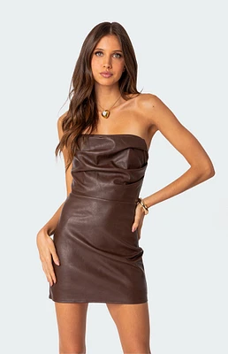 Draped Faux Leather Mini Dress