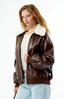 WEWOREWHAT Faux Leather Sherpa Collar Bomber Jacket