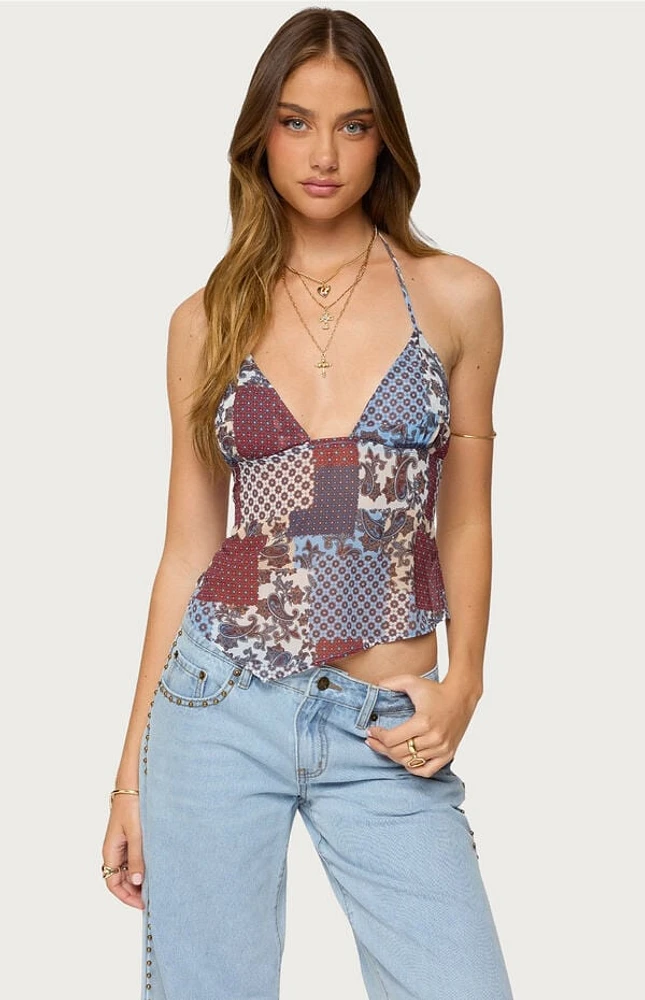 Edikted Mixed Patchwork Backless Halter Top