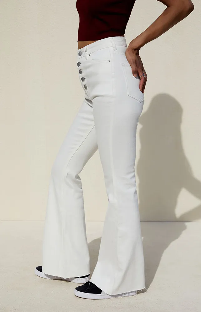 White Button Stretch High Waisted Flare Jeans