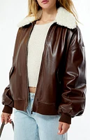 WEWOREWHAT Faux Leather Sherpa Collar Bomber Jacket