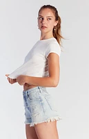 Pacsun Light Indigo Button Fly Ripped High Waisted Denim Festival Shorts