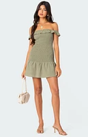 Edikted Off Shoulder Scrunched Linen Look Mini Dress