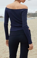 John Galt Navy Off-The-Shoulder Cinched Long Sleeve Top