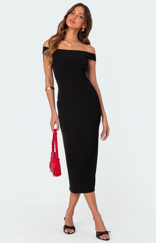 Edikted Kyla Off Shoulder Ribbed Midi Dress