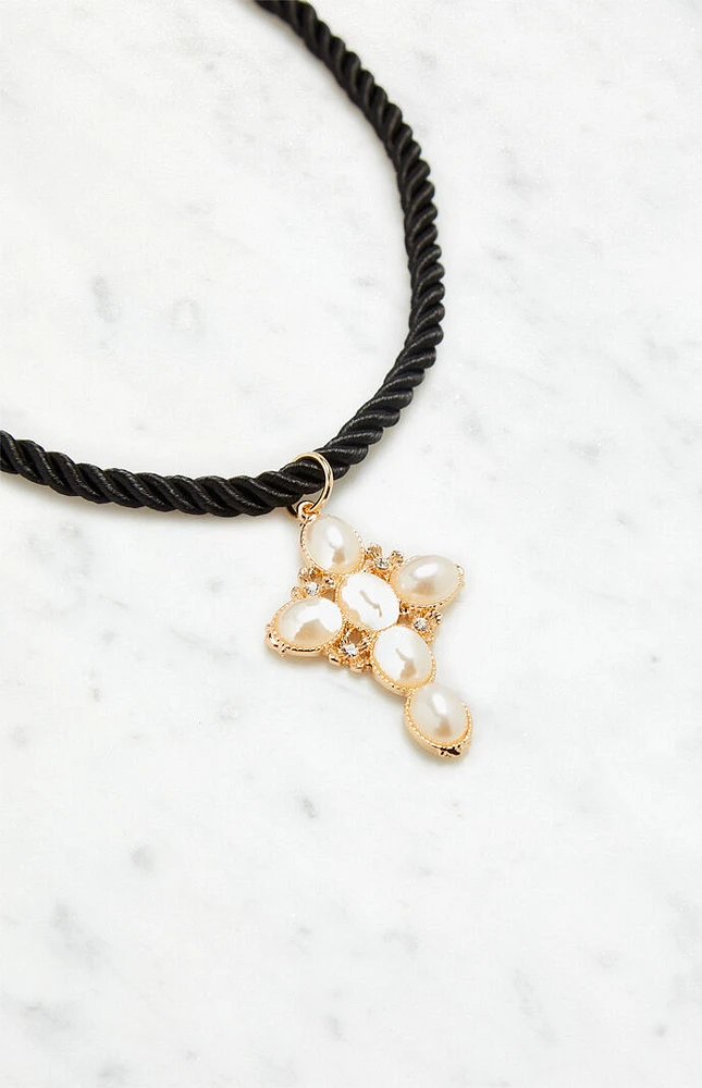 LA Hearts Rope Pearl Cross Necklace