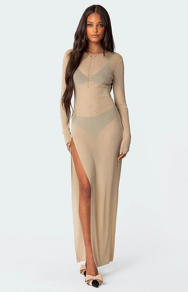 Edikted Glitter Mesh Slitted Maxi Dress