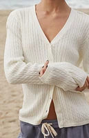 John Galt White Zoe V-Neck Cable Knit Cardigan