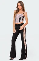 Satin Lace Up Flare Jeans