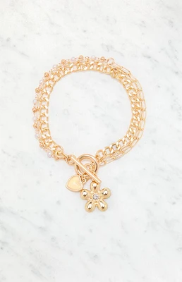 LA Hearts Flower Charm Chain Bracelet