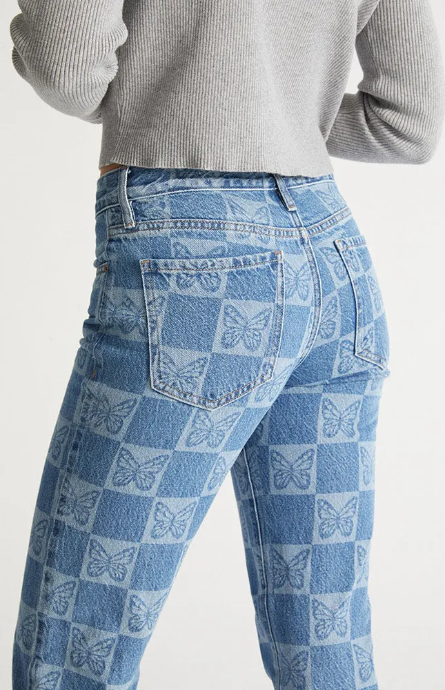 Eco Butterfly Checkerboard Low Rise Straight Leg Jeans