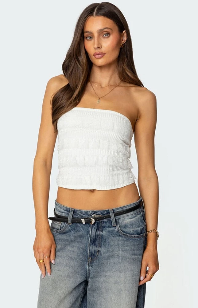 Edikted Georgette Lacey Ruffle Tube Top