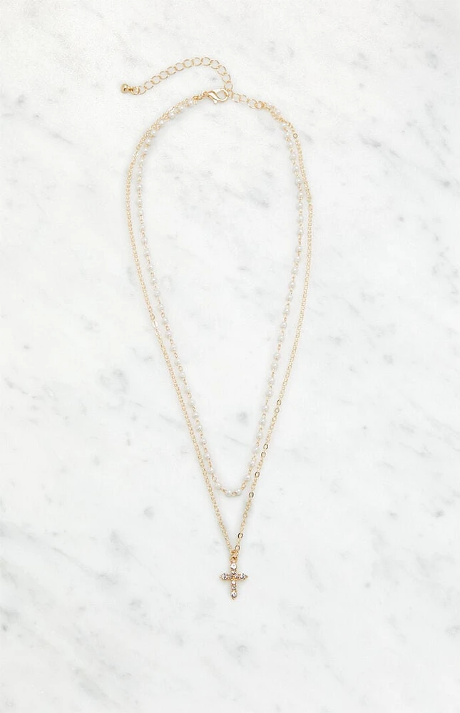 LA Hearts Pearl Rhinestone Cross Necklace