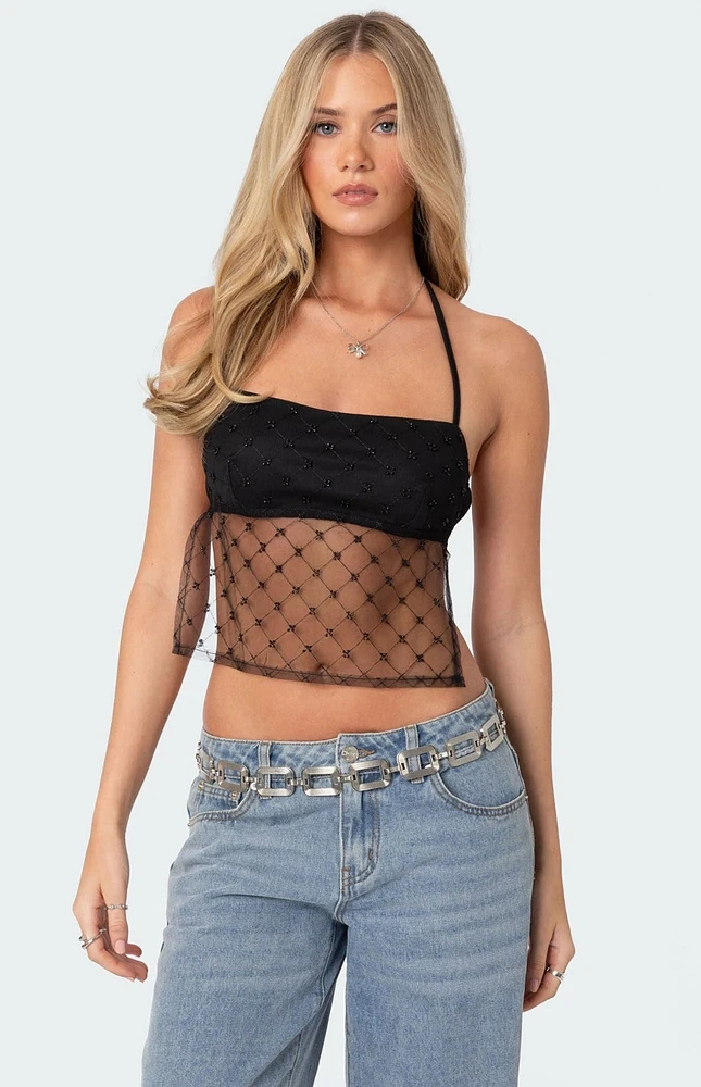 Edikted Sheer Sequin Backless Top