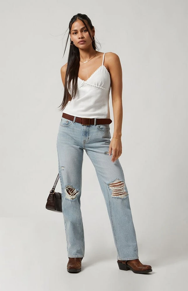 Pacsun Jordyn Ripped Knee Low Rise Straight Leg Jeans Light Indigo