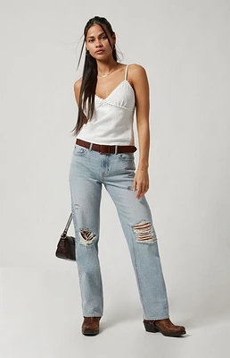 Pacsun Jordyn Ripped Knee Low Rise Straight Leg Jeans Light Indigo
