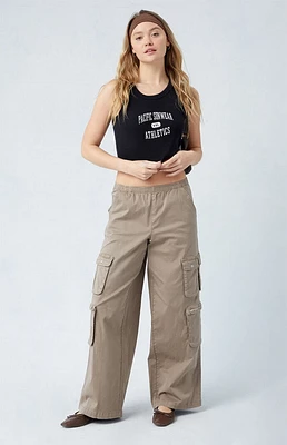 Taupe Draped Low Rise Wide Leg Cargo Pants