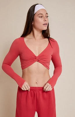 PAC 1980 Active Red Twist Front Knotted Long Sleeve Top