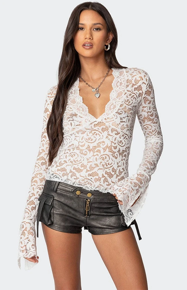 Edikted Sheer Lace Bell Sleeve Top