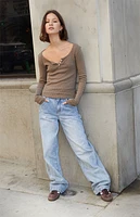 John Galt Brown Floral Pointelle Zelly Long Sleeve Top