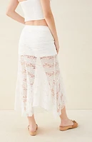 Beverly and Beck Sheer Asymmetrical Lace Midi Skirt