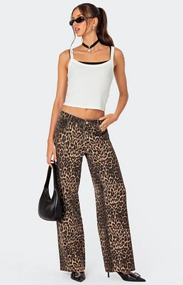 Edikted Leopard Printed Low Rise Jeans