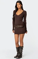 Edikted Ribbed Knit V Neck Mini Dress