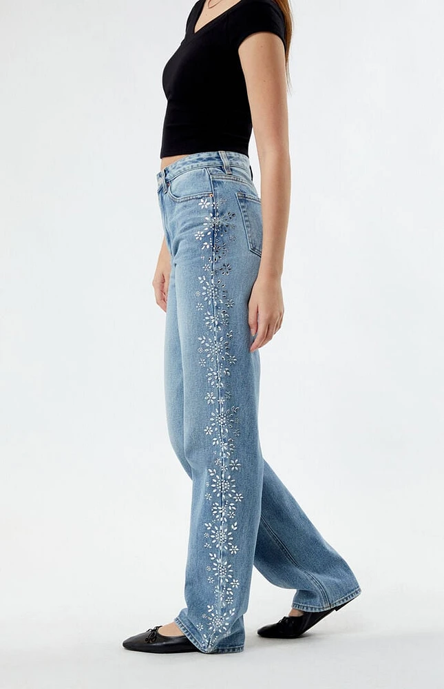 PacSun Medium Indigo Floral Rhinestone '90s Boyfriend Jeans